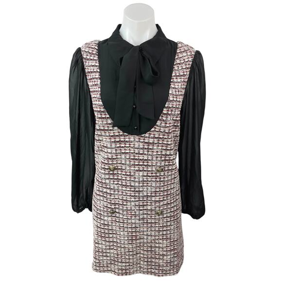 Julia Jordan Black Multicolor Tweed Bow Tie Pinafore Sleeves Mini Shirt Dress 8 - Picture 3 of 8